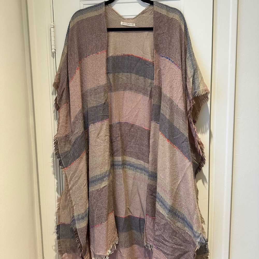 Striped Fringe Open Poncho